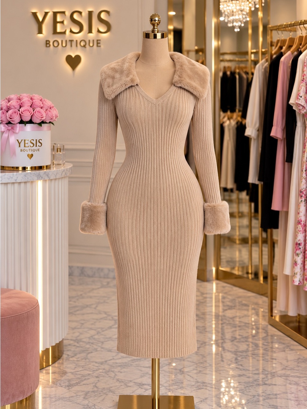 Elegant Tan Ribbed Dress with Faux Fur Accents